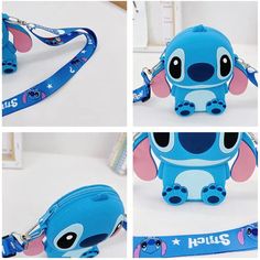 four pictures of the same blue purse with an elephant on it's face and ears