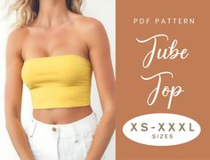 a woman wearing white shorts and a yellow top with the words, tube top xs - xxl sizes