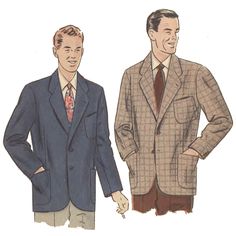 "MEN'S JACKET. Fabulous 1950s men's tailored blazer, featuring a two-button closing below long roll-revers of the notched collar. The blazers has three large patch-pockets, two places on the hips and one on the chest. Also features straight two-piece sleeves, with three buttons at the wrist. Offered here as: Paper Pattern or the Original Pattern. Skill Level: Intermediate Size Guide: Chest: 40\" (102cm) Length of jacket at centre-back from natural neckline: 31 ½\" (80cm) Sewing Notions: Matching Vintage Tweed Jacket With Lapel Collar And Pockets, Vintage Single Breasted Tweed Jacket For Tailoring, Vintage Single-breasted Tweed Jacket For Tailoring, Retro Single Breasted Tweed Jacket, Retro Single-breasted Tweed Jacket, Vintage Tailored Sport Coat With Welt Pockets, Vintage Sport Coat With Welt Pockets For Work, Vintage Sport Coat With Pockets For Business, Vintage Tweed Jacket With Lapel Collar And Welt Pockets