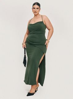 Princess Polly Curve Maxi dress Halter style, straight neckline, ruching detail, split in hem, clasp fastening Good stretch, fully lined Princess Polly Lower Impact Main: 70% reclaimed viscose 30% reclaimed polyester, Lining: 95% reclaimed polyester 5% spandex Cold gentle machine wash Ruched Maxi Dress, Halter Style, Fleece Dress, Maxi Dress Green, Runway Trends, Outerwear Outfit, Midi Maxi Dress, Casual Tank Tops, Curve Dresses