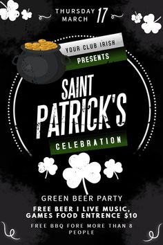 the saint patrick's celebration flyer with shamrocks and clovers on black background