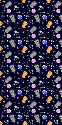 an image of a pattern with cats and stars on the dark blue background for wallpaper