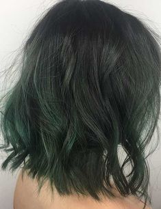 Dark Brown Hair With Green Tips, Dark Green Ends Hair, Balayage Green Hair, Black Green Hair Color, Dark Emerald Hair, Black Hair With Green Ends, Dark Hair Dye Colors, Green Black Hair Color, Dark Green Hair Streaks