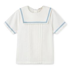 This exquisite linen shirt for boys features a charming square ribbon-trimmed collar, adding a touch of sophistication to any outfit. Crafted with a blend of linen and cotton, it offers both comfort and style, making it a must-have addition to your little one's wardrobe. White Sailor Collar Top For Summer, Classic White Sailor Collar Top, White Cotton Top With Sailor Collar, Classic White Tops With Sailor Collar, Classic White Top With Sailor Collar, Shirt For Boys, Ribbon Trim, Linen Shirt, Short Sleeve Shirt