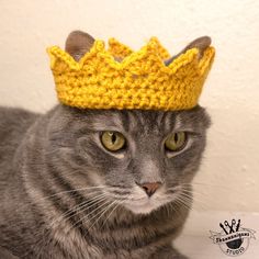 a gray cat wearing a crocheted yellow crown