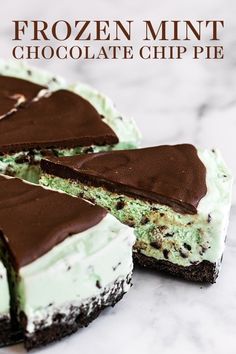 a frozen mint chocolate chip pie cut in half