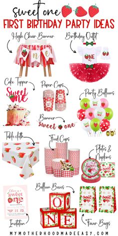 Cute 1st Birthday Ideas, Sweet One First Birthday Theme Fruit, Sweet One First Birthday Strawberry Decorations, First Birthday Themes August, Very First Birthday, First Birthday Girly Theme, Babygirls 1st Birthday Ideas, Baby First Birthday Party Ideas Girl, First Birthday Themes For Baby Girl