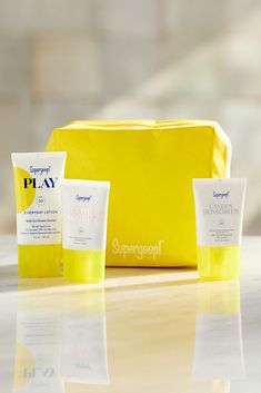 Discover healthier, happier skin with these three all-time bestselling SPFs for face and body. All in a sunshine-y travel pouch for on-the-go application.  Unseen Sunscreen SPF 40: The original, 100 percent invisible, weightless, scentless sunscreen with skincare benefits and a velvety finish.  PLAY Everyday Lotion SPF 50: The brand's original broad spectrum SPF 50 lotion for face and body.  Glowscreen SPF 40 in Sunrise: A daily primer with SPF protection that leaves a dewy, glowy finish and preps skin for makeup, with major hydration.  About Supergoop: Completely dedicated to sun protection, each Supergoop broad spectrum sunscreen protects against UVA/UVB rays and Infrared-A Radiation, which leads to accelerated skin aging. When a close friend was diagnosed with skin cancer, founder Holly Unseen Sunscreen Spf 40, Unseen Sunscreen, Skincare Benefits, Sunscreen Spf 50, Skin Prep, Sunscreen Lotion, Happy Skin, Broad Spectrum Sunscreen, Spf Sunscreen