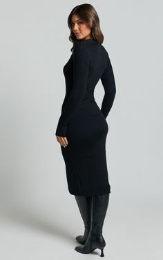 Fall Winter 2022 2023 Dresses, Mid Length Knitted Dress, Black Front Button Dress, Long Black Dress Fall Casual, Black Dress Fall Midi, St Jonh Knit Dress Classy, Long Sleeve Rib Knit Dress, Luxury Winter Dresses With Button Closure, Dresses With Boots Midi