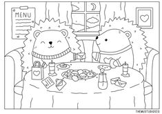 two bears sitting at a table with food