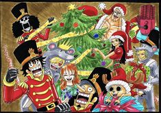 a group of cartoon characters standing in front of a christmas tree