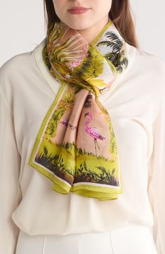 Top off your vacation look with this lovely silk scarf covered in a Palm Beach design. 14" W X 66" L 100% silk Hand wash, dry flat Imported Summer Floral Print Silk Scarf, Silk Scarves For Beach In Summer, Pink Silk Scarf For Summer Beach, Silk Floral Print Scarves For Summer, Silk Scarves For Summer Beach, Casual Floral Print Silk Scarf For Summer, Multicolor Silk Scarf For Beach, Spring Beach Silk Scarf, Summer Vacation Silk Scarf