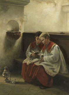 a painting of two people sitting on a bench looking at a book in their hands