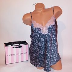 Victoria Secret Lingerie Camisole Tank Top Sleepwear Gray Pink Floral Satin Lace Trim Sleeveless Cami New With Tags *Bundle To Save Chavonne11 Xxx Xs Large Xl Night Ware, Long Sleeve Night Gown, Vs Pajamas, Vintage Pajamas, Velvet Cami, Orange Satin, Flannel Pajama Sets, Red Checkered, Victoria Secret Lingerie