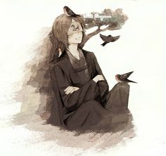 a drawing of a woman sitting on the ground with two birds flying around her,