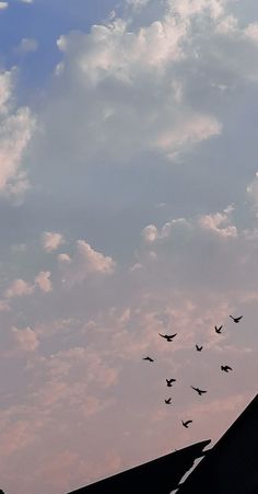 a flock of birds flying in the sky above a building with a clock on it