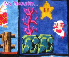 two crocheted squares with pictures of different things on them and the words, my favorite