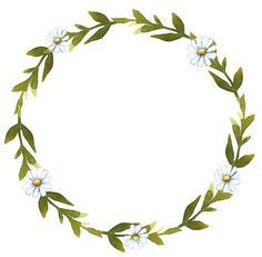 a circular frame with blue flowers and green leaves