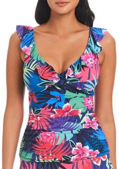 Ruched details and a vibrant print make this swim top from Bleu Rod Beattie a stylish choice for your next pool party. It's finished with adjustable straps and removable cups for a comfortable fit. | Bleu Rod Beattie Women's Hawaiian Punch Ruffle Tankini Swim Top, 8 Fitted Tropical Print Tankini For Pool, Multicolor Ruffled Swimwear For Pool, Tropical Ruffled Tankini For Poolside, Fitted Tropical Tankini For Pool, Fitted Tropical Style Tankini For Pool, Multicolor Ruffled Swimwear For Beach Party, Multicolor Ruched Swimwear For Pool, Multicolor Ruched Tankini For Poolside, Multicolor Ruched Swimwear For Poolside