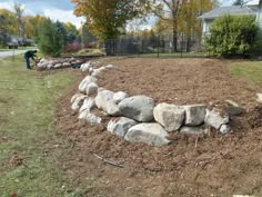 there is a rock wall in the middle of this yard that has been mulched