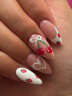 Simple Strawberry Nail Design, Strawberry And Cherry Nails, Heart Cherry Nails, Cherry Heart Nails, Cherry Nails Designs, Pink Cherry Nails, Strawberry Nail Designs, Picnic Nails, Cherry Nail Art