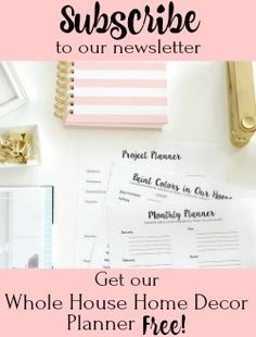 a pink and white desk with the words, get our whole house home decor planner free