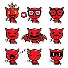 red devil stickers with various expressions on them, including the eyes and nose shapes