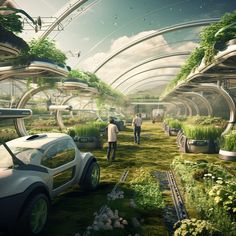 an artist's rendering of a futuristic city with plants growing in the greenhouses