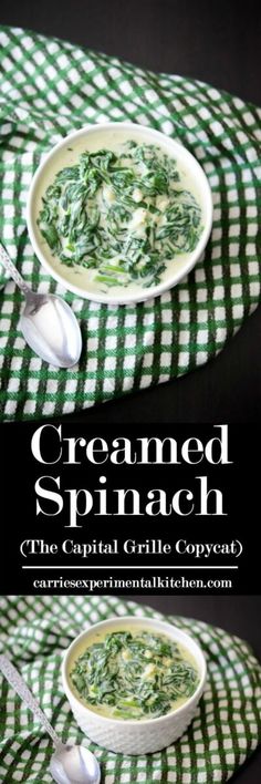 two bowls filled with creamed spinach on top of a green and white checkered table cloth