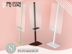 three different types of display stands on pink background with text that reads, my essy