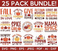 25 fall svg bundle with pumpkins, leaves and words for the autumn season