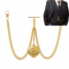 A Gold-colored pocket chain with a charm by the pocket is an elegant accessory that adds sophistication to every outfit. With different lengths (from 8 to 14 inches), the chain can be adjusted to individual needs. It will be a perfect choice for a suit, blazer, or pants with a classic background. Its universal character makes it a great gift for everyone - men and women. Regardless of the occasion - birthdays, name days, or holidays - it will definitely please every recipient. T-Bar measure: 30m Elegant Gold Pocket Watch With Locket, Elegant Gold Metal Pocket Watch, Gold Metal Pocket Watch With Chain, Gold Pocket Watch With Chain For Formal Occasions, Suit Chain, Classic Background, Gold Suit, Pocket Chain, Cowboy Gear