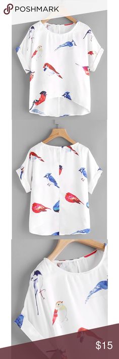 Silky Blouse Size small. Fun and funky bird pattern. SHEIN Tops Blouses Casual Bird Print Tops For Summer, Casual Summer Tops With Bird Print, Casual Summer T-shirt With Bird Print, Silky Blouse, Shein Tops, Bird Patterns, Top Blouse, Crop Tops, Women's Top