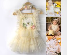 Sizes available from:  Newborn  0-3M 3-6M 6-9M 9-12M 12-18M 18-24M 2-3T ♥Romper ♥Colors are Soft buttery yellow, with ivory mix and touch of pink flowers ♥Adjustable straps ♥(Optional ADD-ON) matching tieback You can NOW also request without FLOWER / BEE detail All items in this shop is for photographic purpose Bee Cake Smash, Bumble Bee Cake, 1st Birthday Dress, Bee Cake, 1st Birthday Dresses, Bee Cakes, Bee Dress, Bee Birthday, Butter Yellow