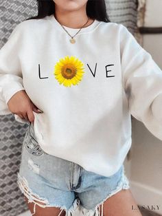 Lasaky - Sunflower Patterned Botanical Casual Pullover Sweatshirt for Women White Letter Print Sweater For Spring, Casual Printed Crew Neck Sweatshirt, Printed Crew Neck Casual Sweatshirt, Casual Printed Sweater For Spring, Casual Yellow Letter Print Sweater, Casual Yellow Sweater With Letter Print, Casual White Sweatshirt For Spring, Casual Long Sleeve Floral Print Sweatshirt, Spring Long Sleeve Top With Sunflower Print