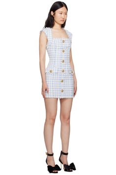 Balmain: Blue & White Gingham Minidress | SSENSE Gingham Pattern, Tweed Dress, Square Neck, Cap Sleeves, Gingham, Print Patterns, Blue White, On Sale, Blue And White