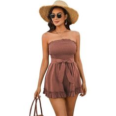 - 90% Cotton, 10% Linen - Imported - Pull On Closure - Hand Wash Only -Summer Romper:Jumpsuit Is Made Of 90% Cotton+10% Linen, S Exy And Classy, Soft And Comfortable, Light And Breathable, It Is A Must-Have Jumpsuit In The Wardrobe. -Features: This Romper Dress Has Strapless Wrap Chest Design, Straight Neckline With Ruffle Decorated, Smocked Bodice, Matched Belt Is Removable, Ruffled Hem. -Category: Womens Wrap Chest Romper/ Mini Jumpsuit/ Dressy Shorts Rompers/ Womens Jumpsuits/ Solid Playsuits Casual Bandeau Strapless Jumpsuit With Elastic Waistband, Casual Strapless Bandeau Jumpsuit With Elastic Waistband, Summer Brunch Jumpsuits And Rompers With Smocked Back, Strapless Summer Jumpsuits And Rompers For Day Out, Strapless Jumpsuits And Rompers For Summer Day Out, Chic Sleeveless Jumpsuits For Summer Outings, Strapless Summer Romper For Day Out, Summer Jumpsuits And Rompers With Ruffles For Day Out, Bandeau Jumpsuits And Rompers With Elastic Waistband For Spring