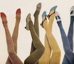 four women in tights and patterned stockings with their feet up on the ground, wearing high heeled shoes