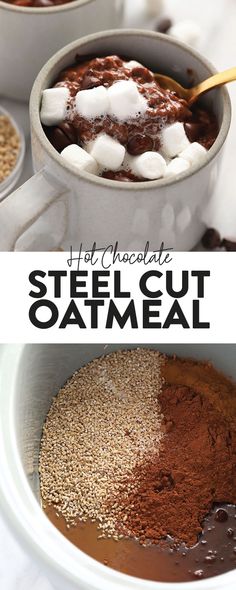 hot chocolate steel cut oatmeal in a bowl with marshmallows