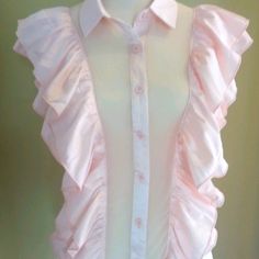 Soft Pink Silk Blouse. Ruffle Trim With Sheer Inset. Button Detail. Criss Cross Halter Top, Pink Silk Blouse, Professional Blouses, Lilo And Stitch Ohana, Business Casual Blouse, Tweed Top, Green Long Sleeve Top, Fitted Blouses, Tie Front Blouse