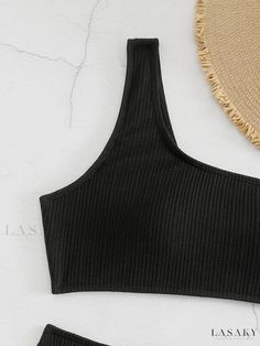 Lasaky - Asymmetric Rib Knit One Shoulder Bikini Set, Stylish High Waisted Black Swimsuits with Stretch Fabric - Ideal for Womens Swimwear & Clothing Black One-shoulder Swimwear For Beach, Black One-shoulder Swimwear, Black Asymmetrical Swimwear For Beach, Black One-shoulder Stretch Swimwear, Black Swimwear With Asymmetrical Neckline For Beach, Black Asymmetrical Neckline Swimwear For Pool, Stretch Asymmetrical Swimwear For Beach, Asymmetrical Stretch Swimwear For Beach, Vacation Swimwear With Asymmetrical Neckline