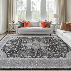 a living room with two couches and a rug in front of a large window