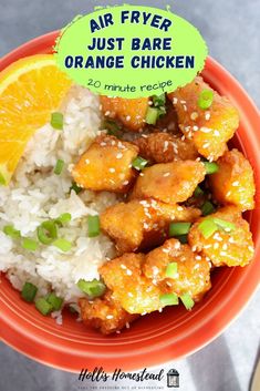 Air fried just bare chicken nuggets made into orange chicken served with jasmine rice topped with green onions and sesame seeds Chicken Rice Bowl Recipe, Just Bare Chicken, Air Fryer Orange Chicken, Orange Chicken Sauce, Chicken Rice Bowl, Chicken Rice Bowls, Chicken Chunks, Orange Chicken Recipe, Rice Bowls Recipes