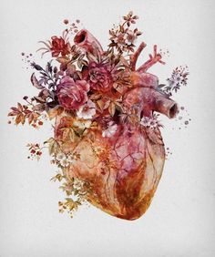 a painting of a human heart with flowers on it's side and the top part of its body