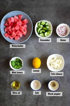 the ingredients to make watermelon cucumber salad laid out in bowls