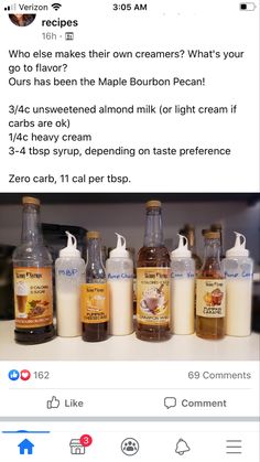 an image of some bottles of liquid on a table with the caption'who makes their own creamers? what's your go to flavor? '