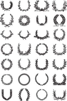 a large collection of wreaths and other decorative elements, all in black and white