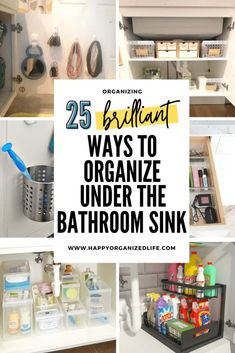 the bathroom sink is organized with bins and containers for cleaning, toiletries and other things