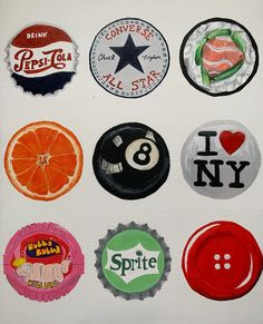 an assortment of soda bottle caps and magnets on a white board with black lettering