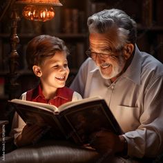 an older man reading a book to a young boy in front of a light bulb